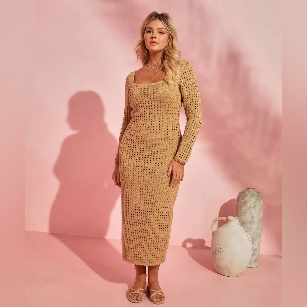 Lalavon Tan Vici Seychelles Cotton Blend Crochet Knit Midi Dress with Belt